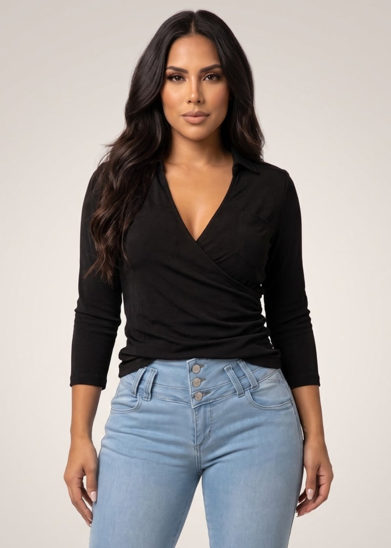 Quarter Sleeve Stretch Surplice Blouse Black