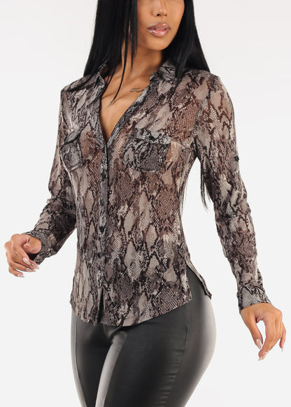 Long Sleeve Button Up Snake Print Mesh Blouse