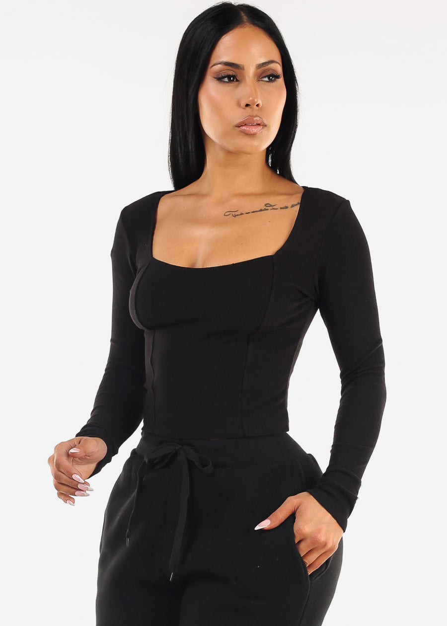 Long Sleeve Square Neck Black Top