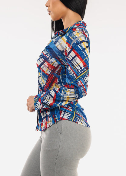 Ruched Long Sleeve Button Up Printed Mesh Blouse Blue