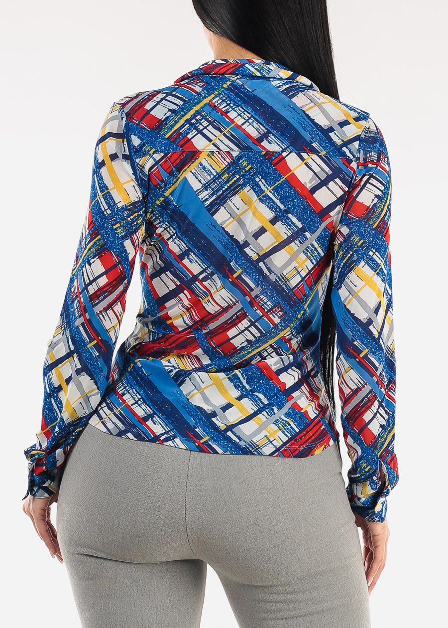 Ruched Long Sleeve Button Up Printed Mesh Blouse Blue