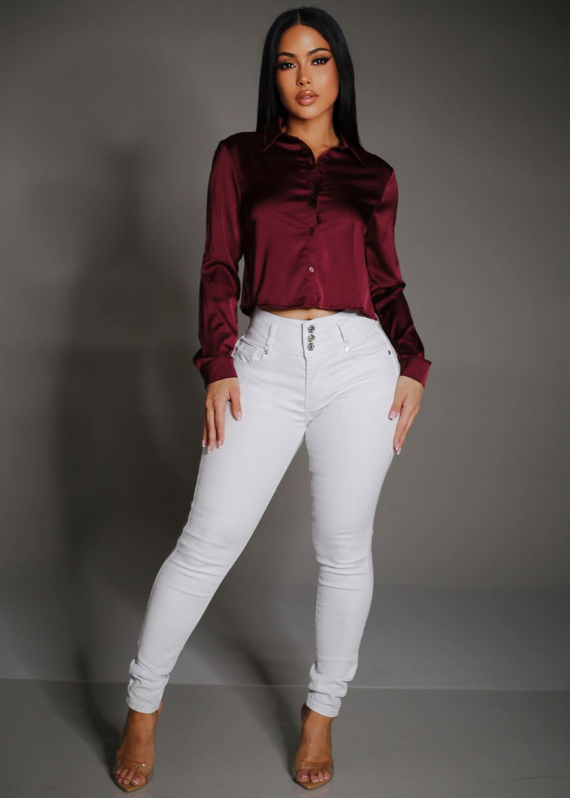 Satin Stretch Long Sleeve Cropped Collared Blouse Dark Burgundy