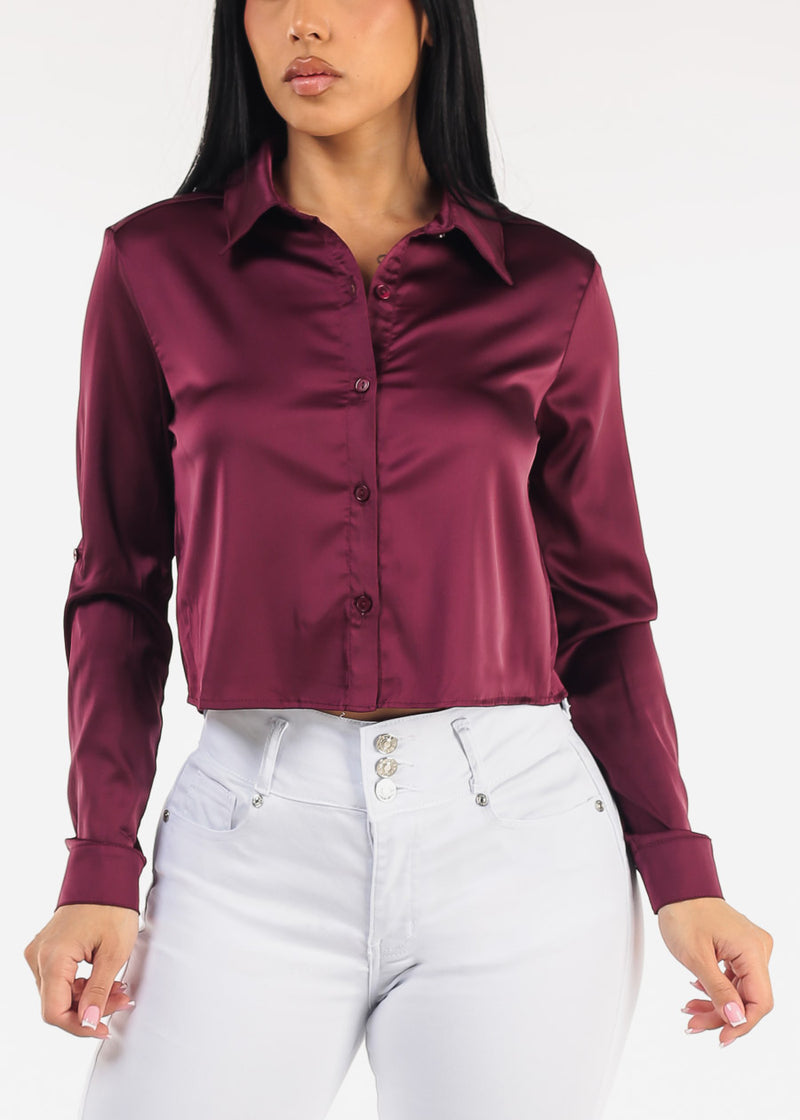 Satin Stretch Long Sleeve Cropped Collared Blouse Dark Burgundy