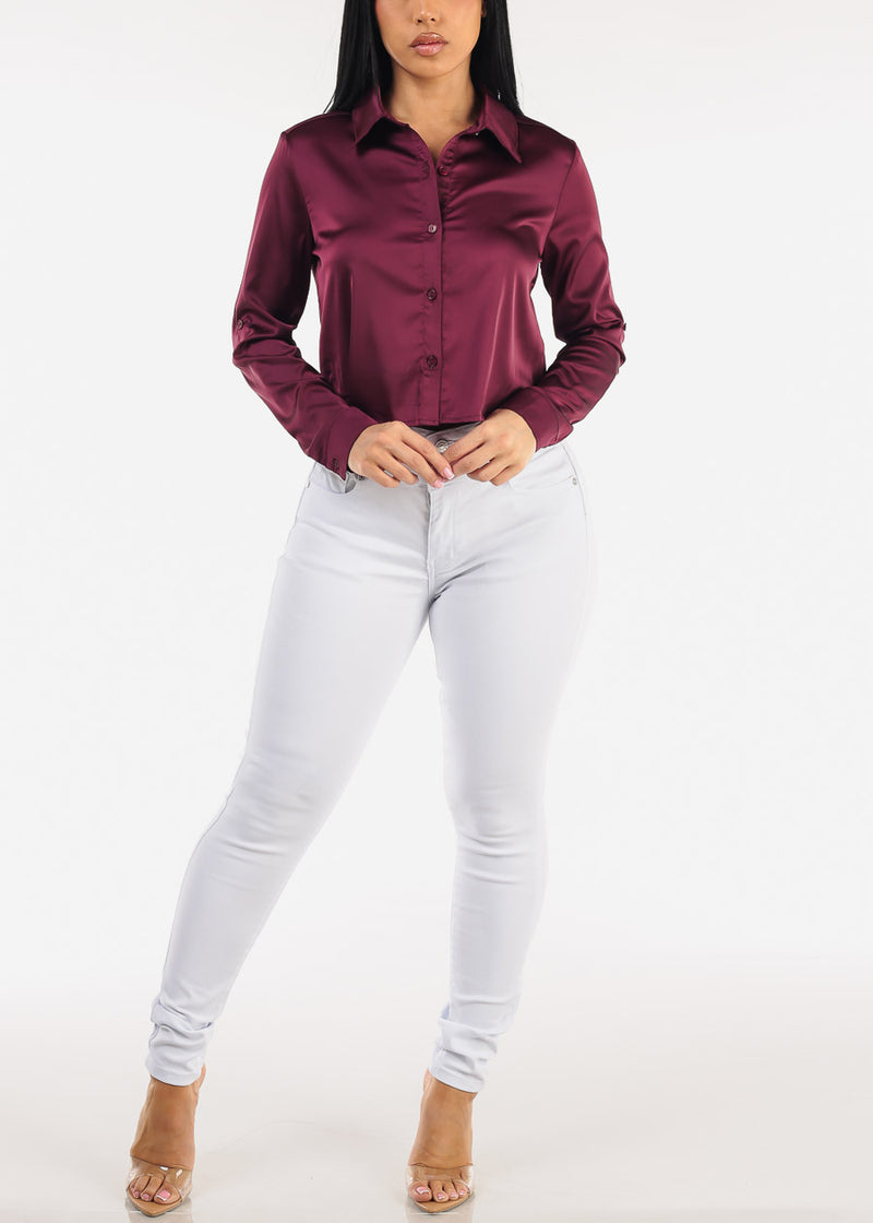 Satin Stretch Long Sleeve Cropped Collared Blouse Dark Burgundy