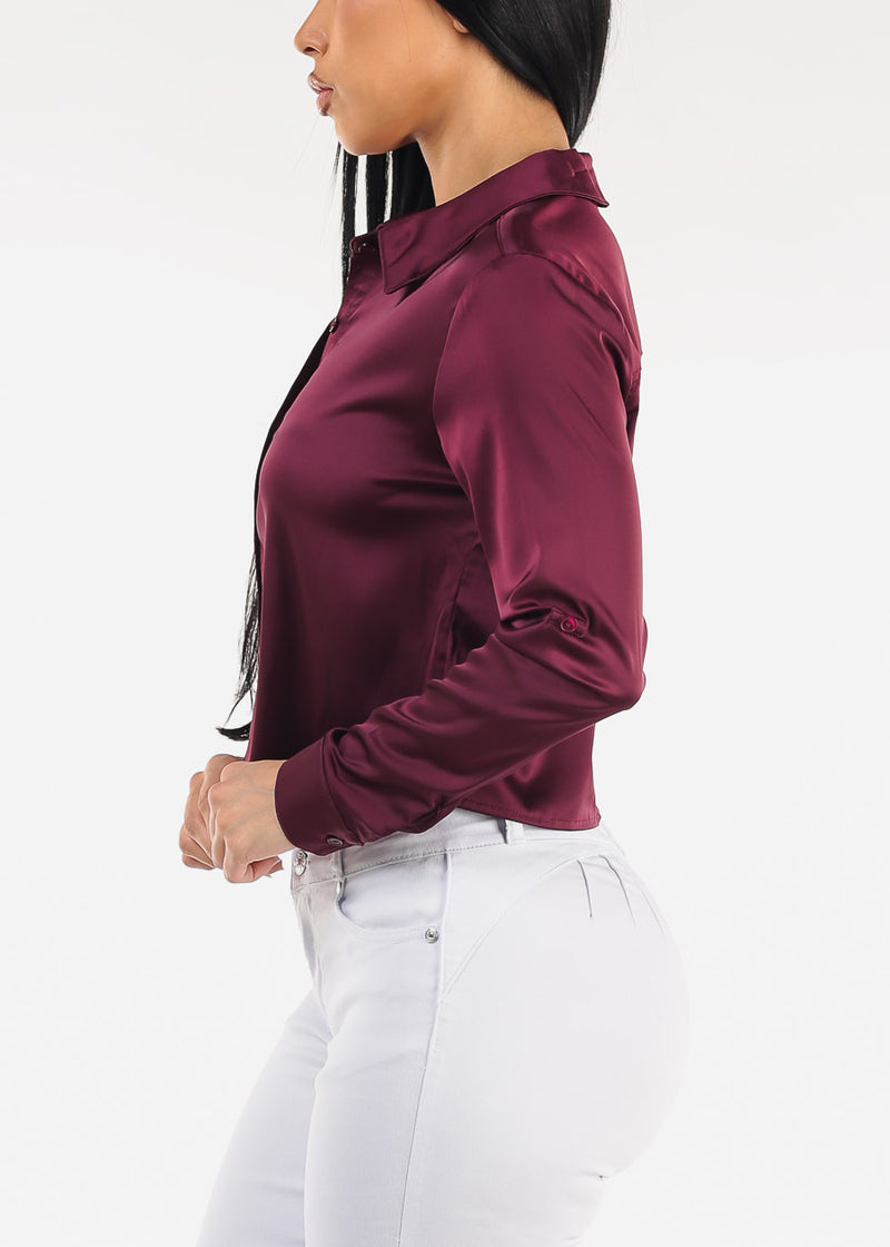 Satin Stretch Long Sleeve Cropped Collared Blouse Dark Burgundy