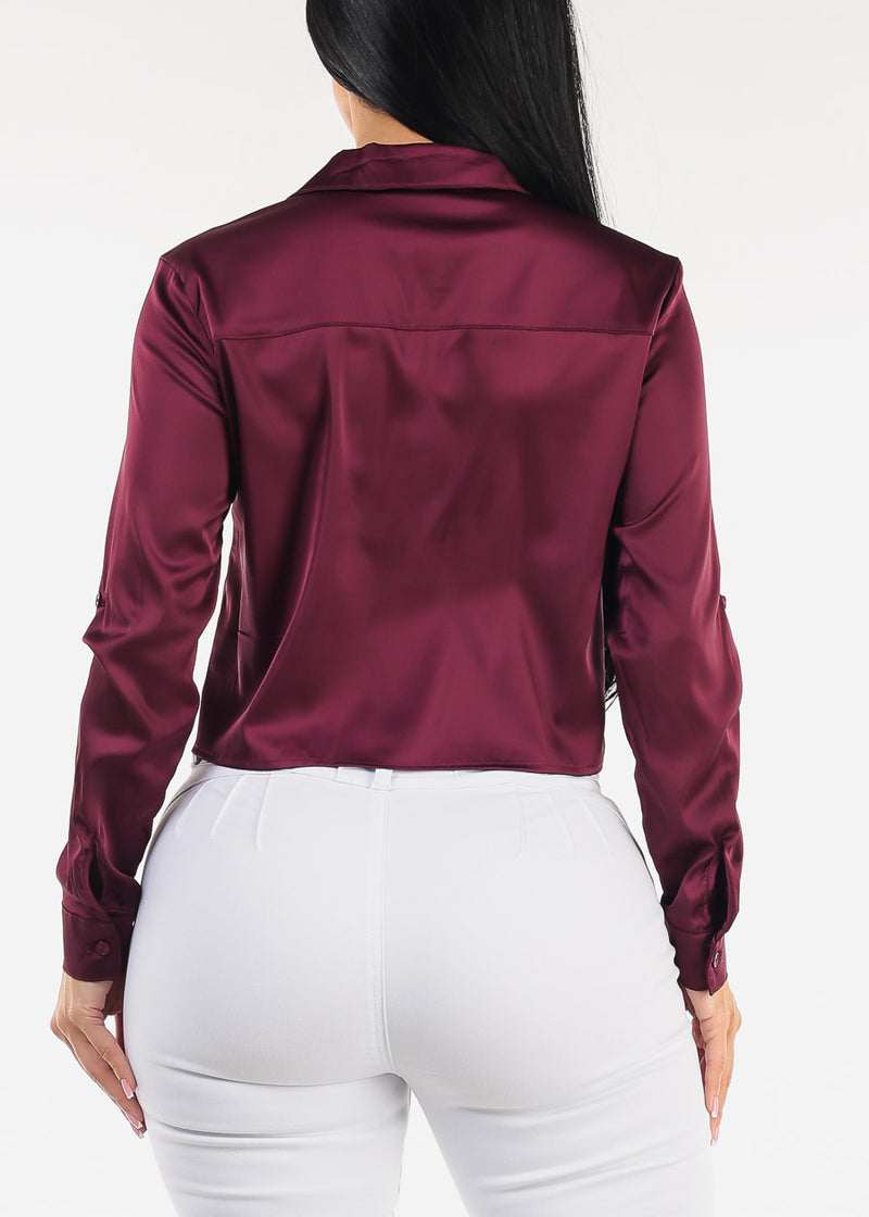 Satin Stretch Long Sleeve Cropped Collared Blouse Dark Burgundy