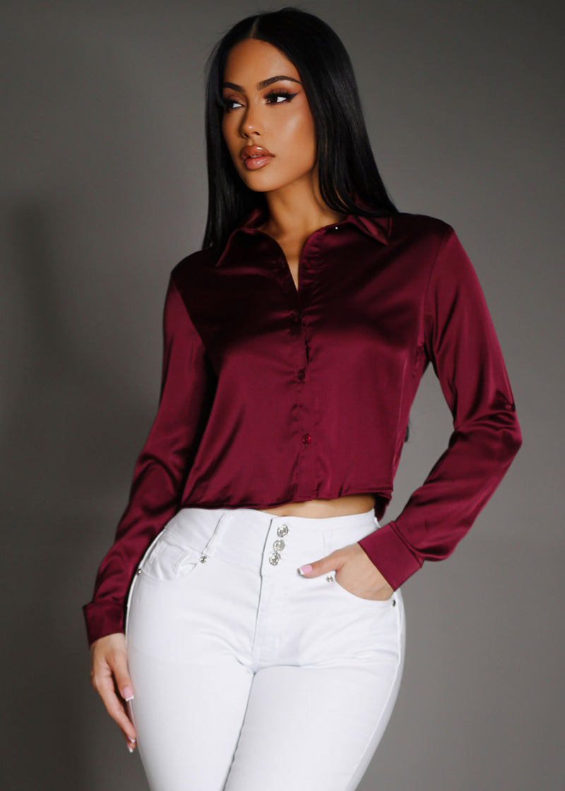 Satin Stretch Long Sleeve Cropped Collared Blouse Dark Burgundy