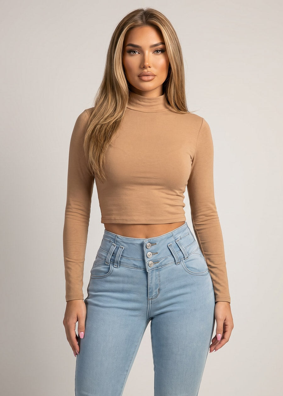 Long Sleeve Mock Neck Stretch Crop Top Beige, view 1 of 2