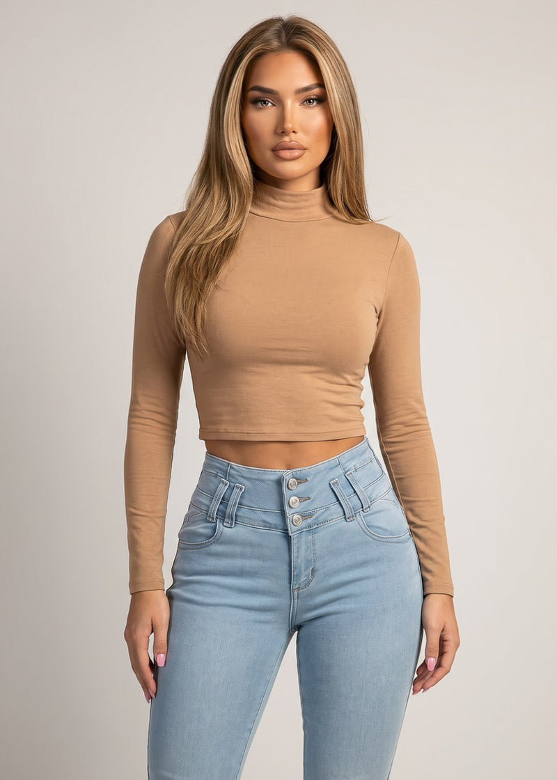 Long Sleeve Mock Neck Stretch Crop Top Beige