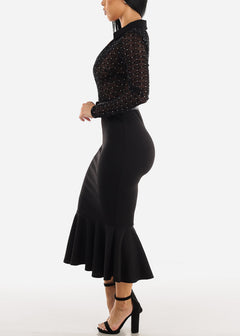 Black Mesh Top Peplum Skirt Bottom Sexy Dress w Belt