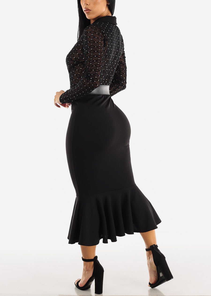 Black Mesh Top Peplum Skirt Bottom Sexy Dress w Belt