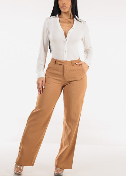 Stretchy Long Sleeve Button Down Collared Blouse Ivory