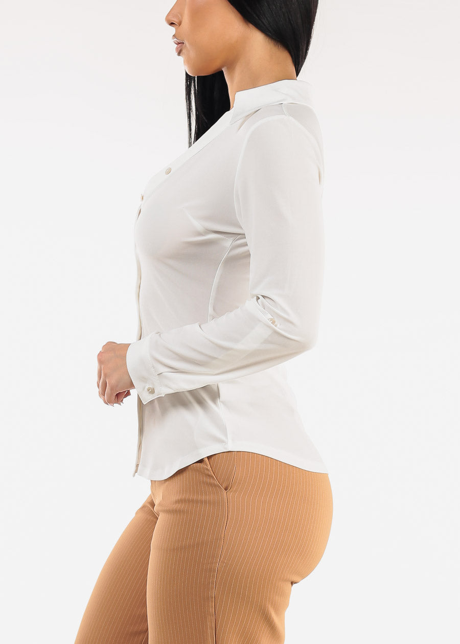Stretchy Long Sleeve Button Down Collared Blouse Ivory