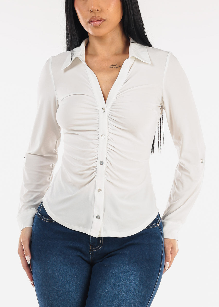 Stretch Long Sleeve Ruched Button Up Collared Blouse Off White