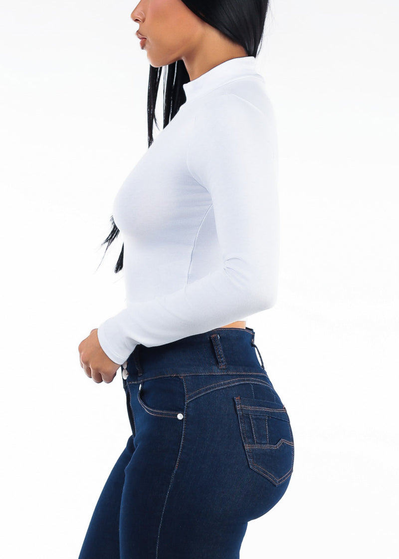 Long Sleeve Mock Neck Stretch Crop Top White