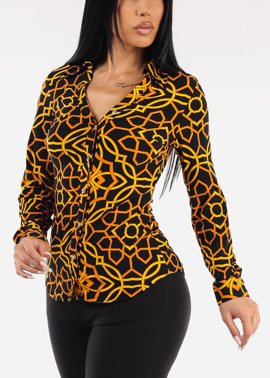 Long Sleeve Button Up Printed Stretch Collared Blouse Black