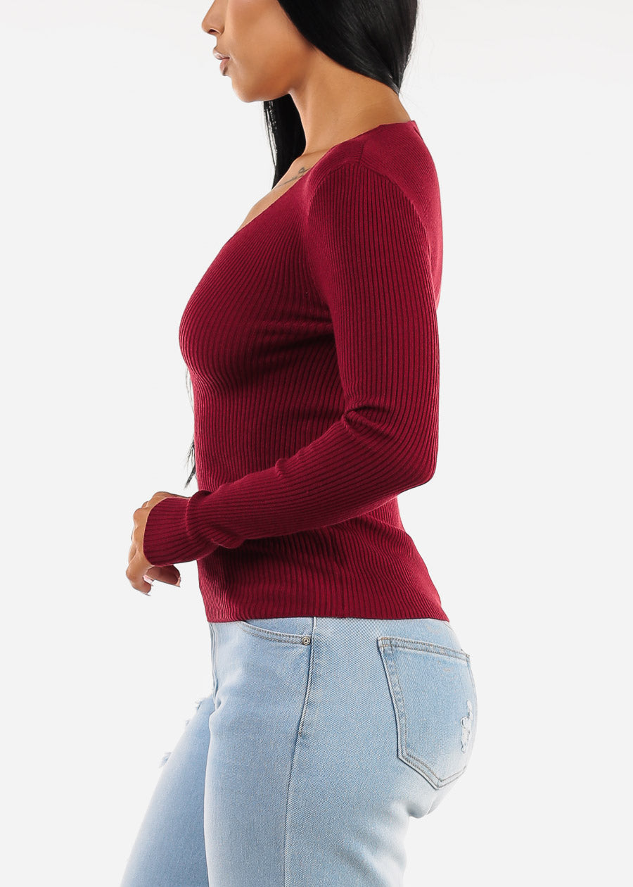 Long Sleeve Vneck Ribbed Sweater Top Burgundy