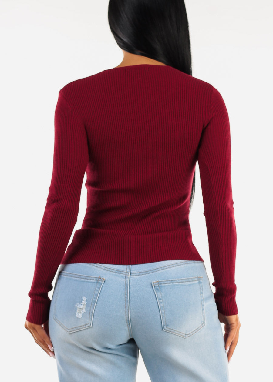 Long Sleeve Vneck Ribbed Sweater Top Burgundy