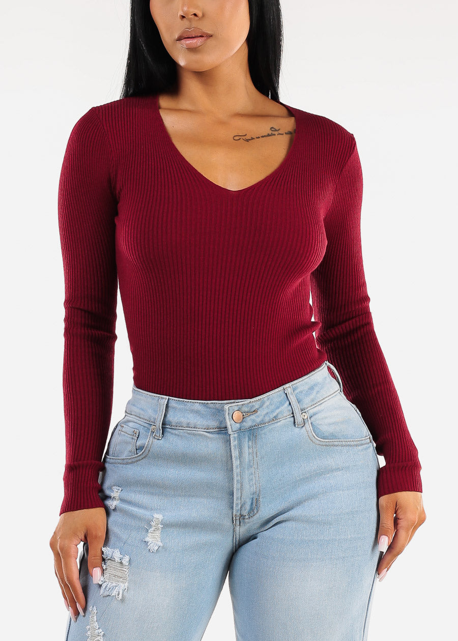 Long Sleeve Vneck Ribbed Sweater Top Burgundy