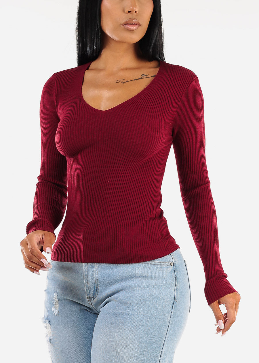 Long Sleeve Vneck Ribbed Sweater Top Burgundy