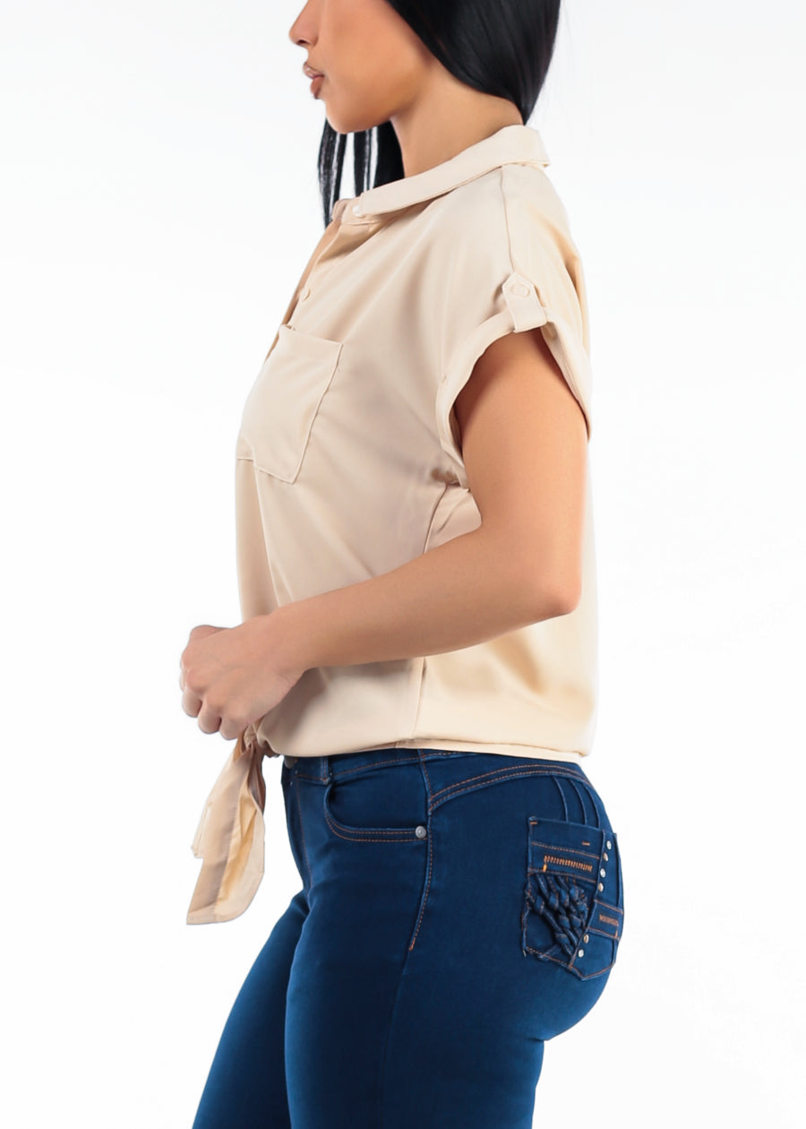 Short Sleeve Button Down Tie Front Blouse Beige
