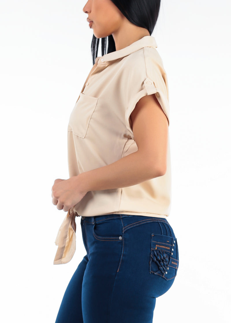 Short Sleeve Button Down Tie Front Blouse Beige