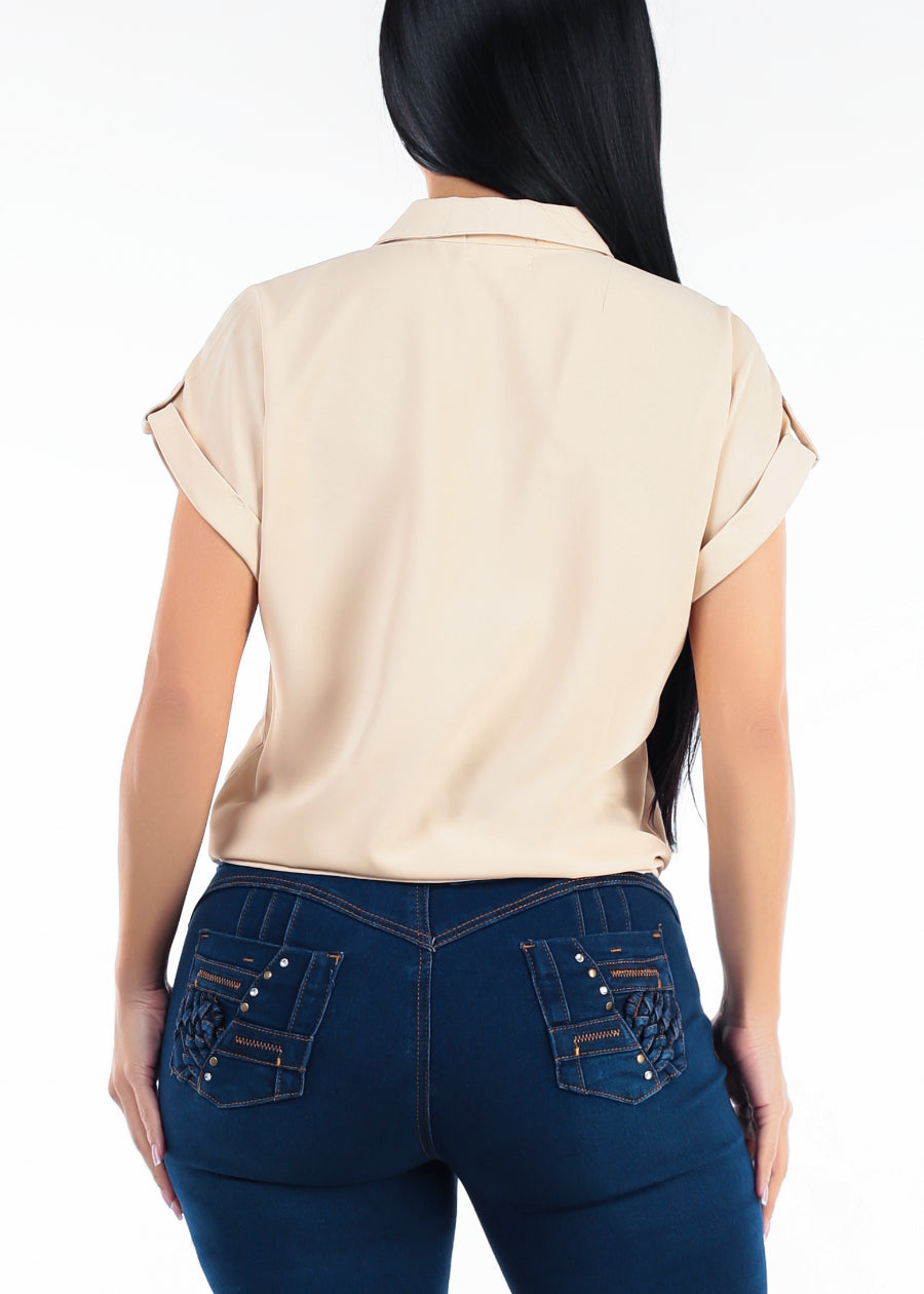 Short Sleeve Button Down Tie Front Blouse Beige