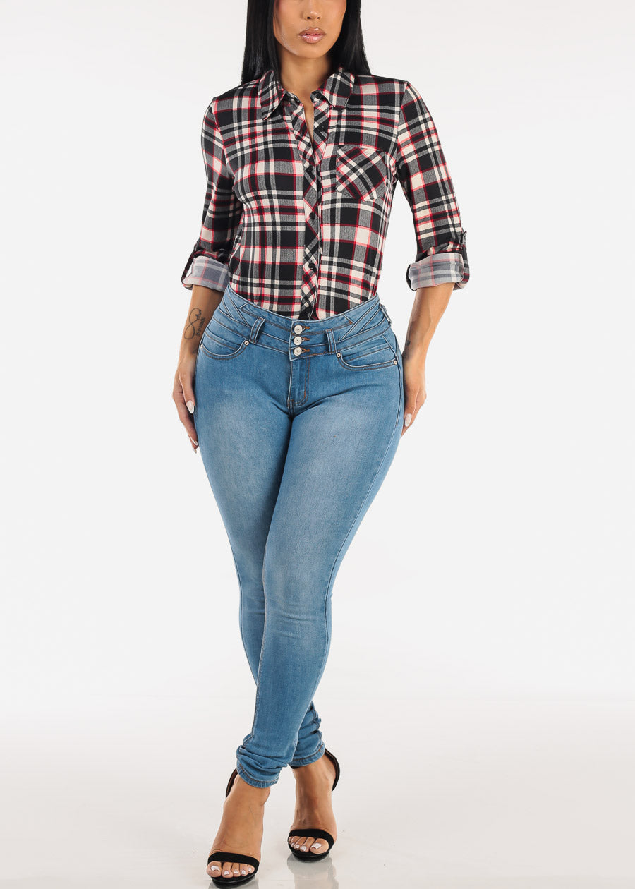 Stretch Long Sleeve Plaid Button Up Collared Blouse Black & Cream