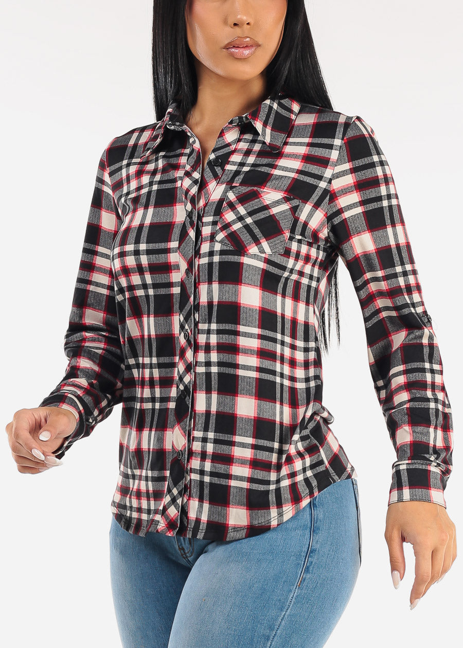 Stretch Long Sleeve Plaid Button Up Collared Blouse Black & Cream