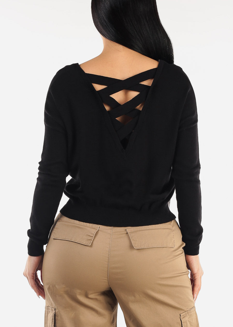 Criss Cross Back Black Long Sleeve Sweater Top