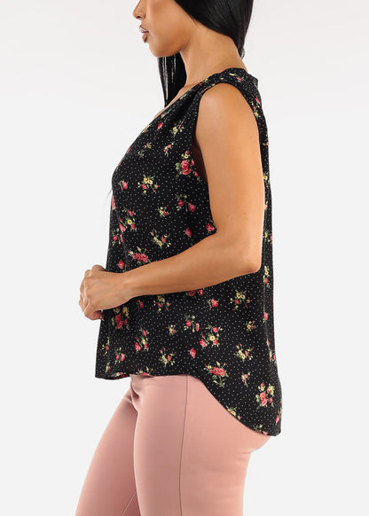 Sleeveless Vneck Floral Blouse Black