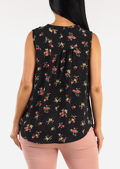 Sleeveless Vneck Floral Blouse Black