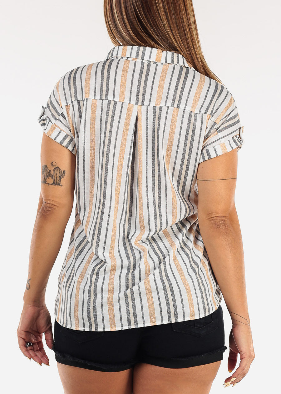 Short Sleeve Tie Front Button Up Stripe Blouse Ivory & Taupe