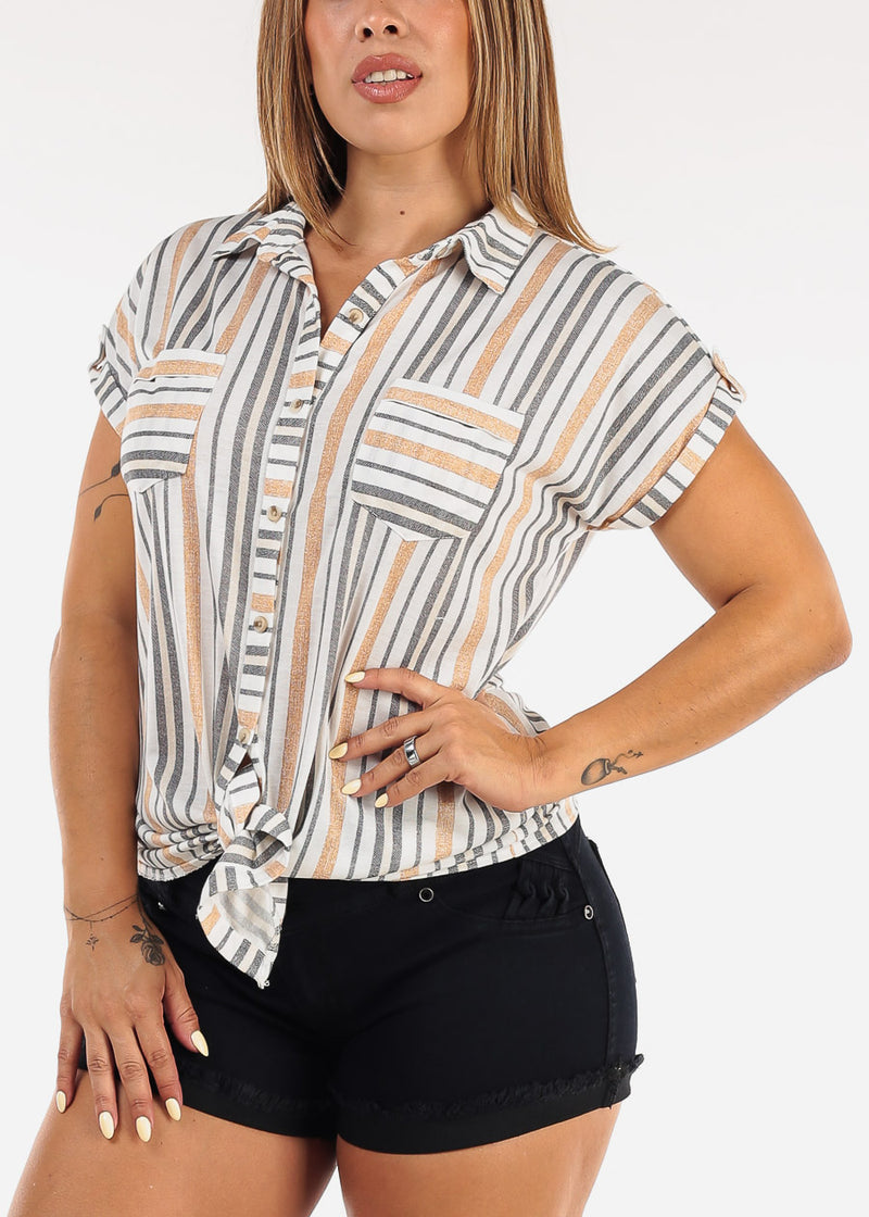 Short Sleeve Tie Front Button Up Stripe Blouse Ivory & Taupe