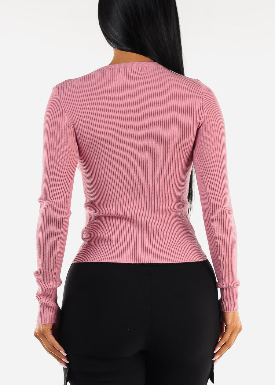 Long Sleeve Crewneck Ribbed Sweater Dark Pink