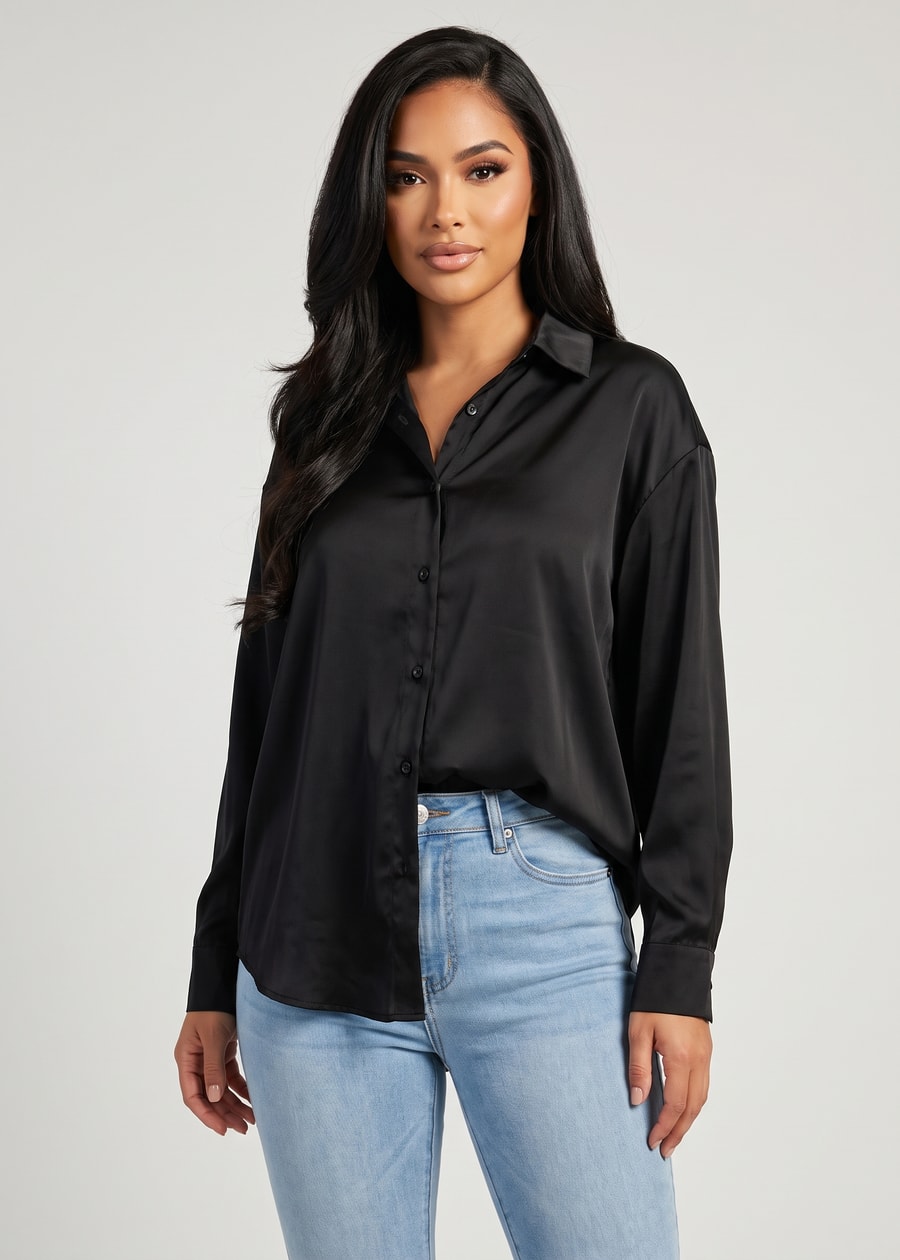 Satin Long Sleeve Button Up Collared Blouse Black, view 1 of 2