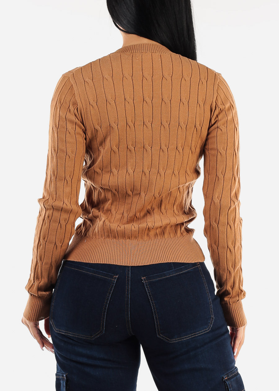 Long Sleeve Crewneck Cable Knit Sweater Khaki