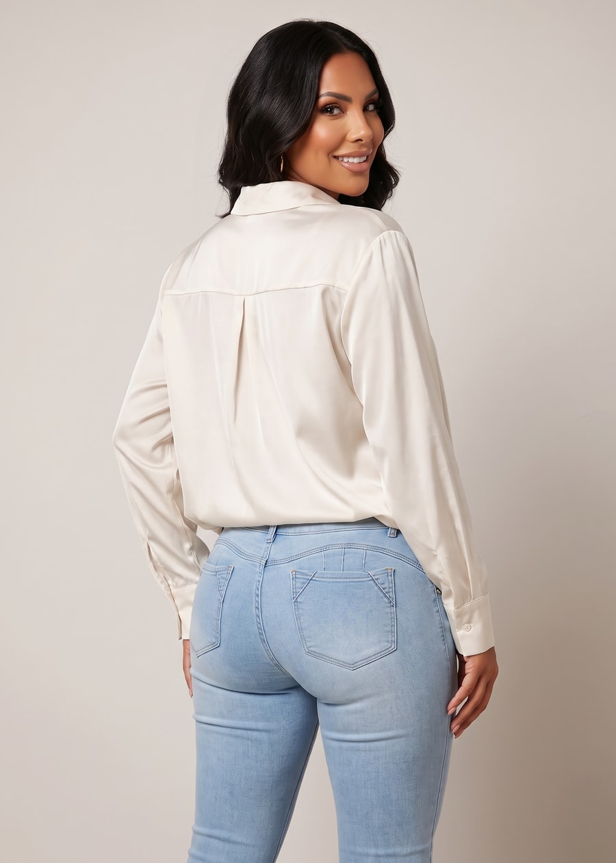 Satin Long Sleeve Button Up Collared Blouse Ivory, view 2 of 2