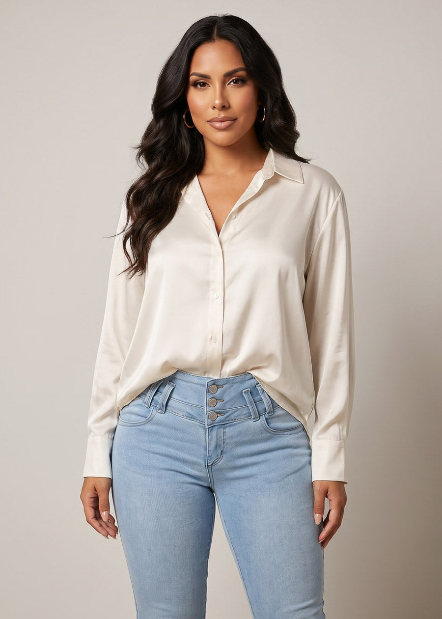 Satin Long Sleeve Button Up Collared Blouse Ivory, view 1 of 2