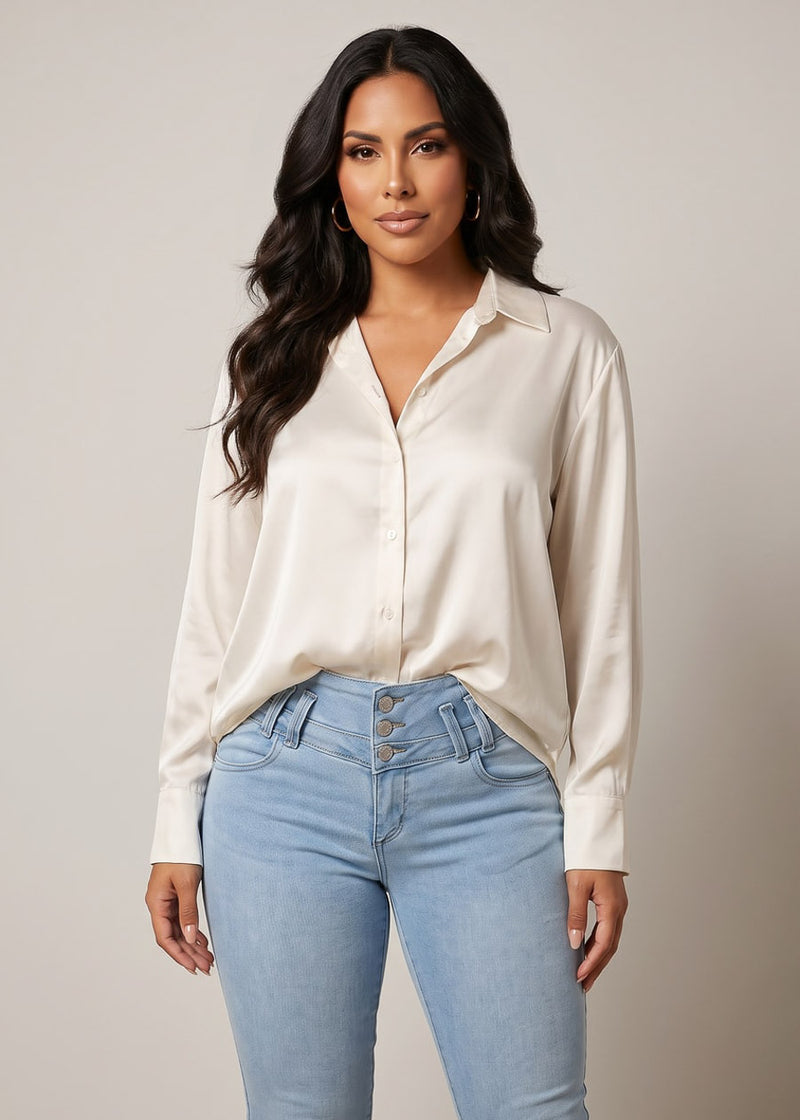 Satin Long Sleeve Button Up Collared Blouse Ivory