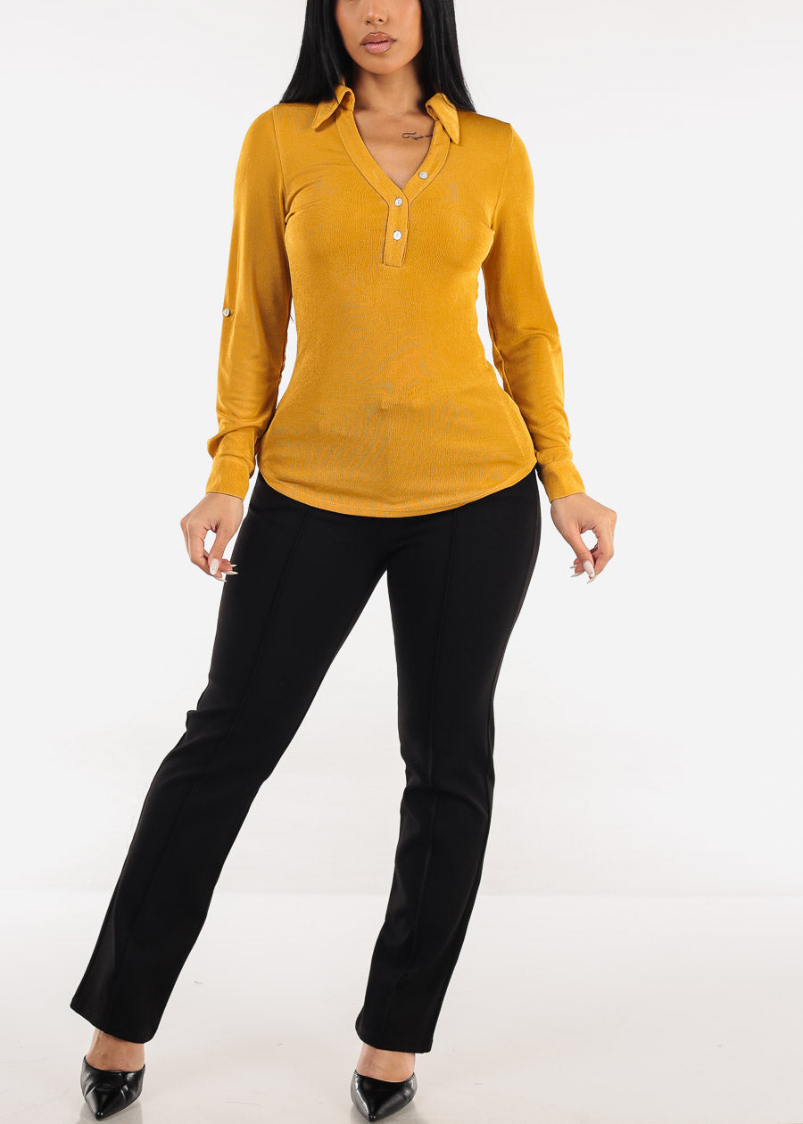 Stretchy Long Sleeve Half Button Up Blouse Mustard