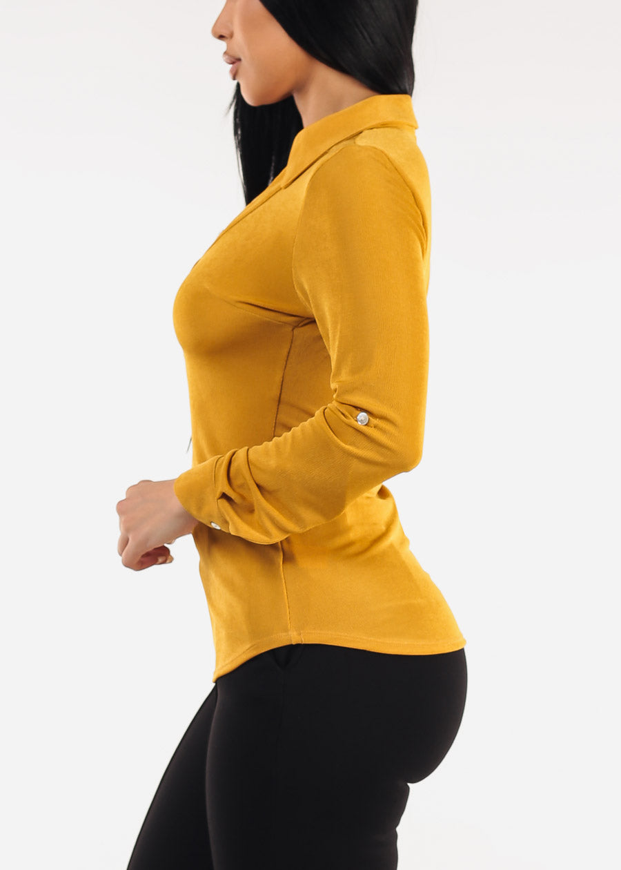Stretchy Long Sleeve Half Button Up Blouse Mustard