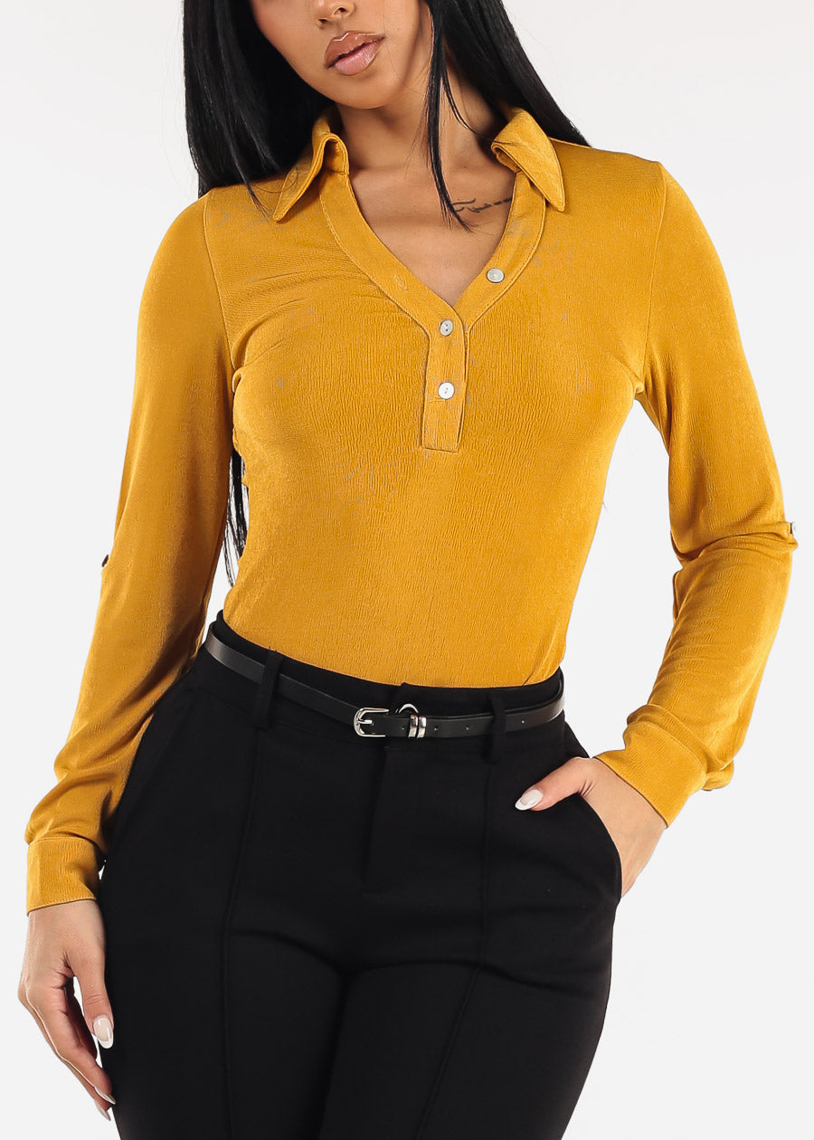Stretchy Long Sleeve Half Button Up Blouse Mustard