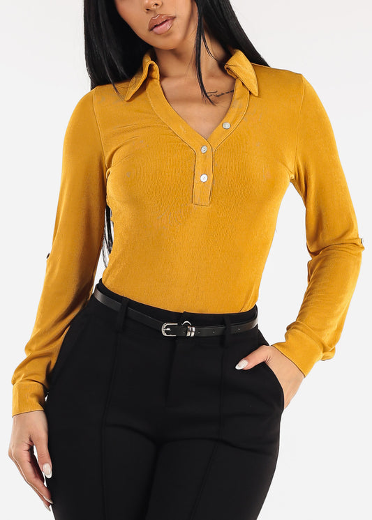Stretchy Long Sleeve Half Button Up Blouse Mustard