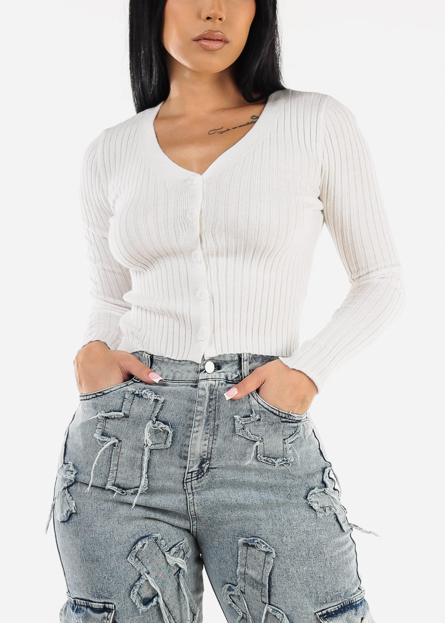 White Long Sleeve Button Up Fitted Sweater