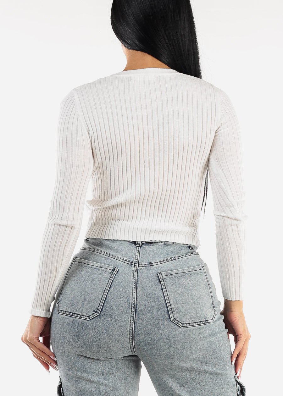 White Long Sleeve Button Up Fitted Sweater