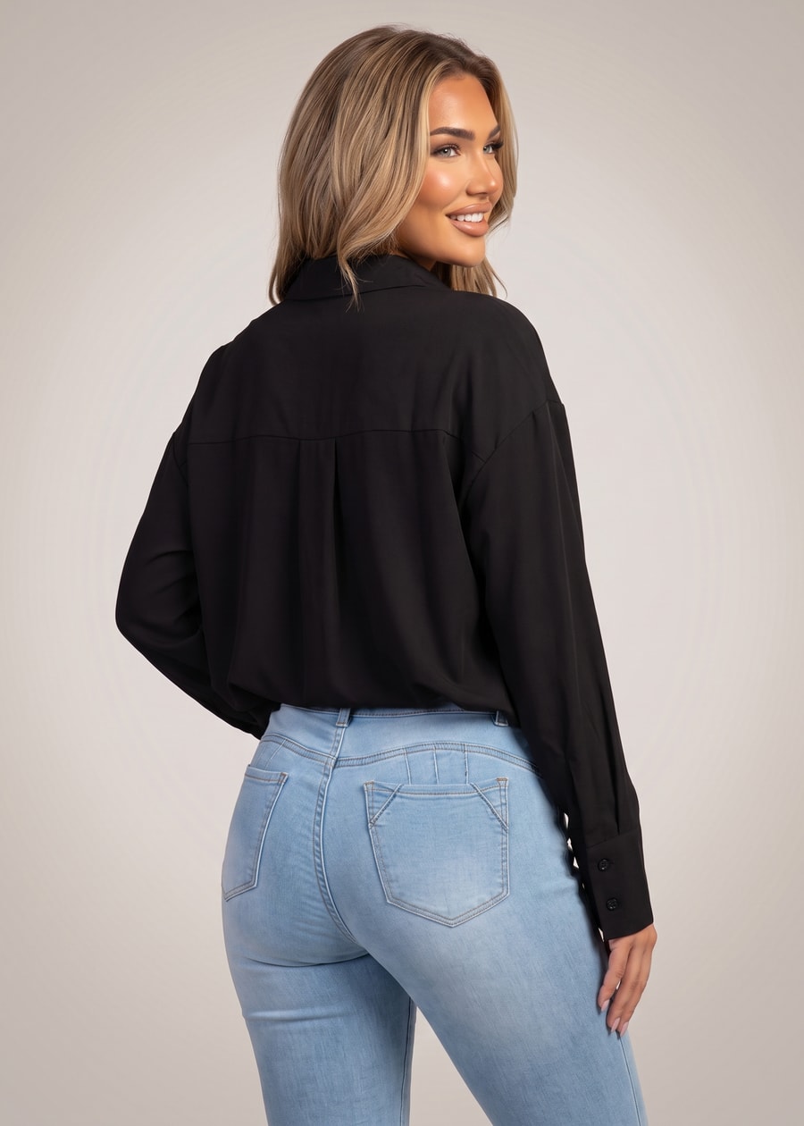 Long Sleeve Button Up Stretch Collared Blouse Black, view 2 of 4