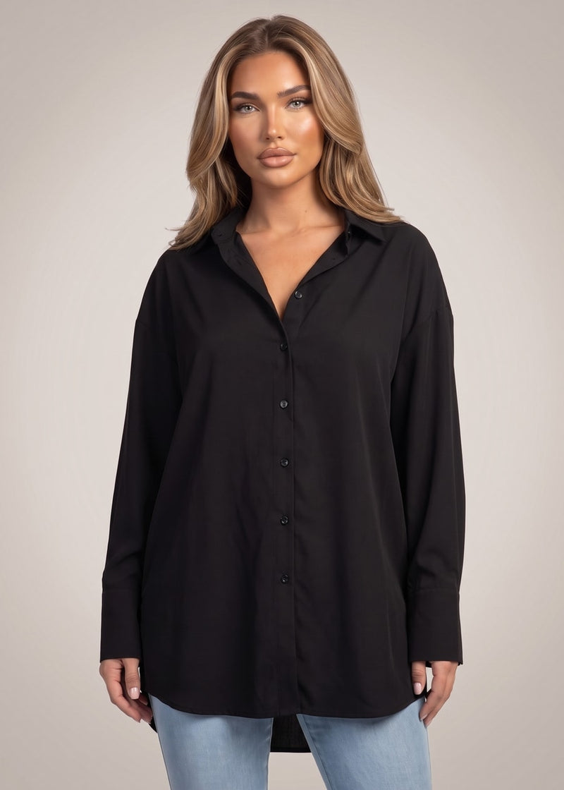 Long Sleeve Button Up Stretch Collared Blouse Black