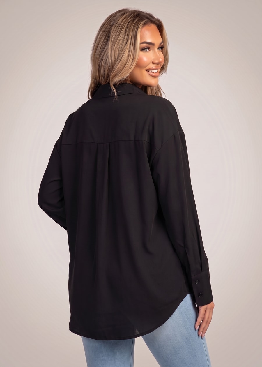 Long Sleeve Button Up Stretch Collared Blouse Black, view 4 of 4