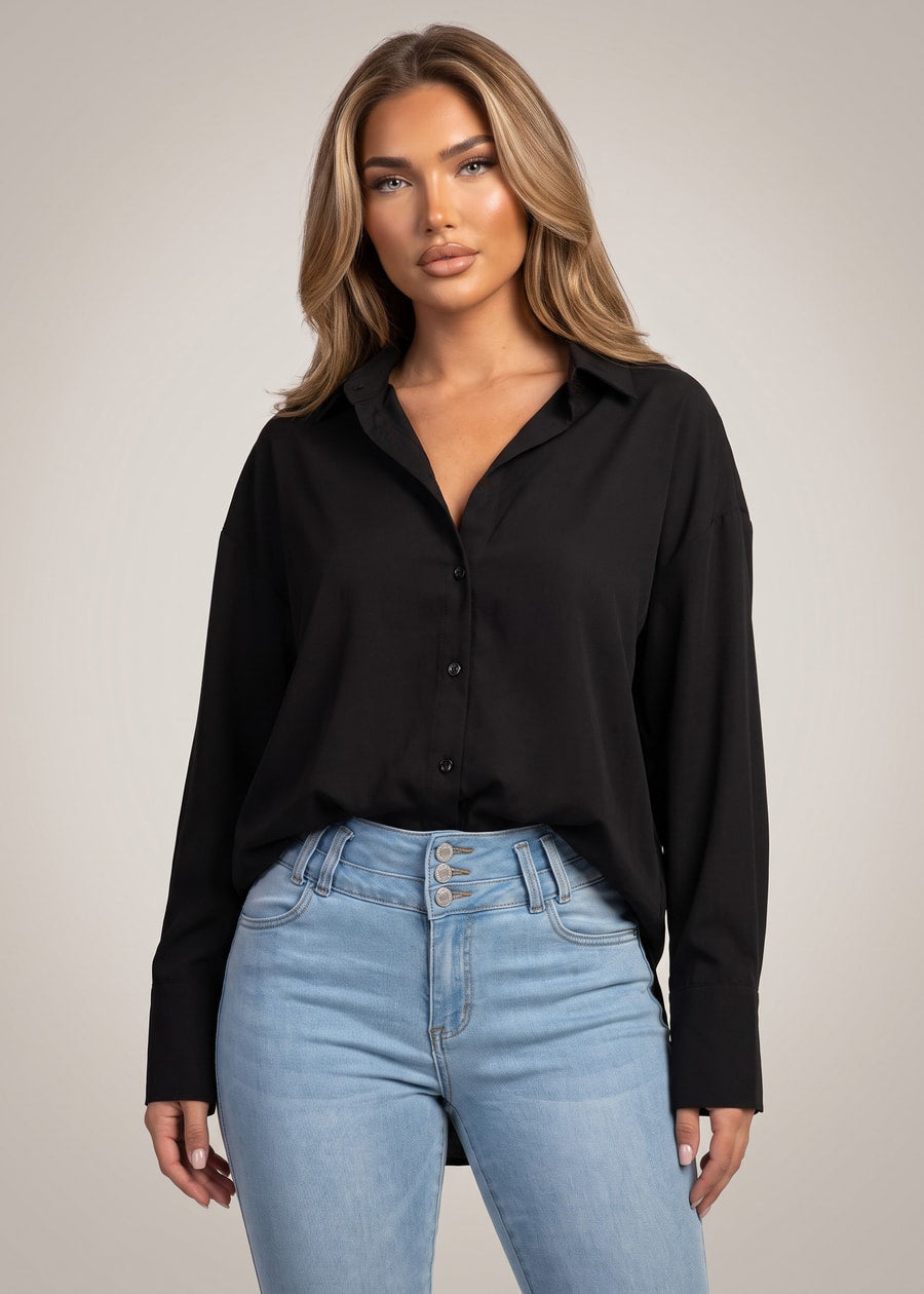 Long Sleeve Button Up Stretch Collared Blouse Black, view 1 of 4